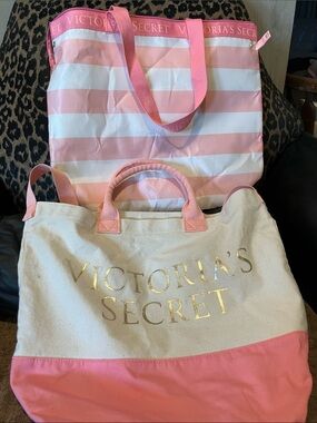 Victoria's Secret Pink & Cream Canvas Tote with Gold Logo and cooler bag